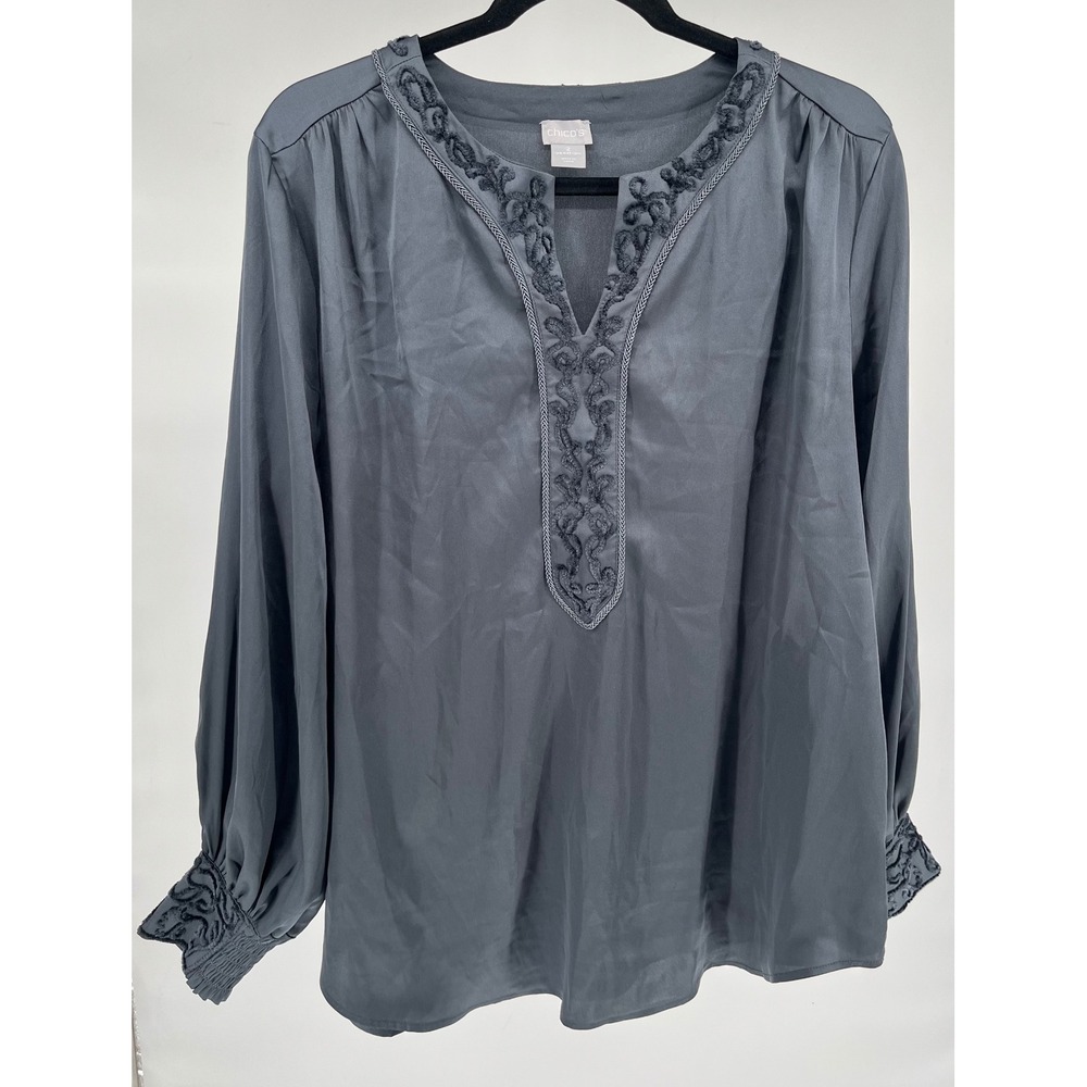 Chicos Embroidered Split Neck Blouse Gray Satin Long Sleeve Smocked Cuff Top 2